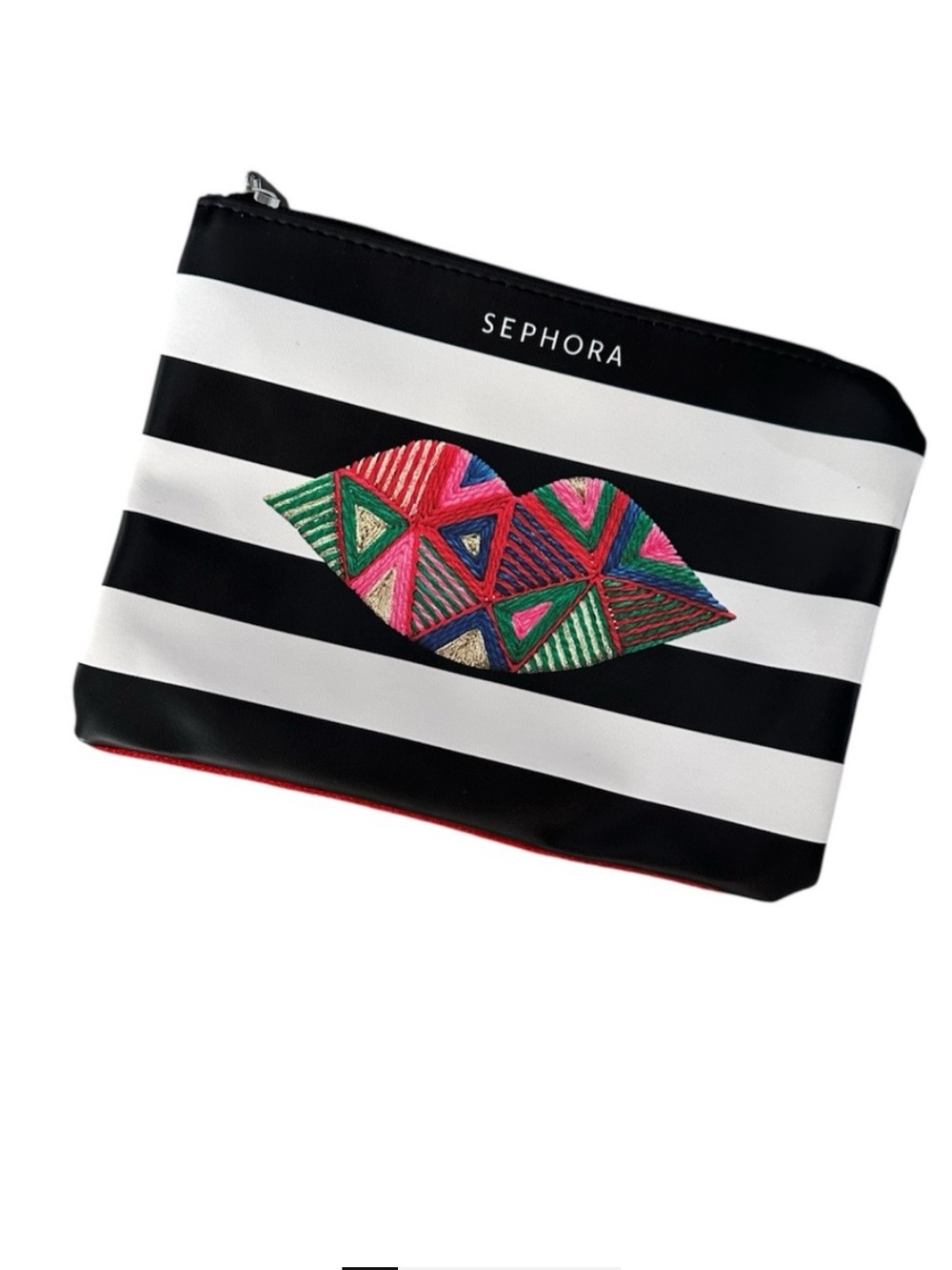 SEPHORA Black and White Stripe Cosmetic Bag with Lips Print